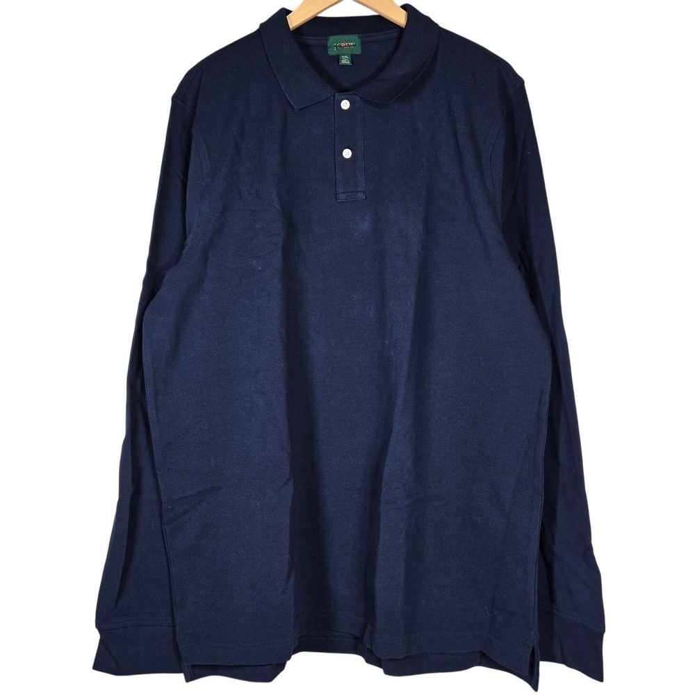 J Crew Mens Long Sleeve Polo Shirt Navy Blue XXL Tall Cotton Made in Vietnam‎